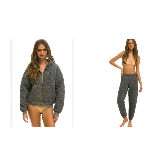Aviator Nation QUILTED ZIP HOODIE HEATHER GREY set